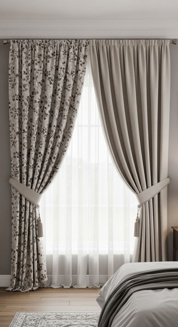 Stylish Printed & Plain Combo Bedroom Curtains – Glamorous & Modern”
